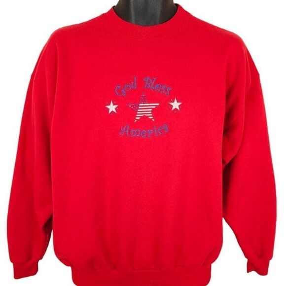 Vintage God Bless America Sweatshirt Mens Size Large Red 90s American Flag - Picture 1 of 5
